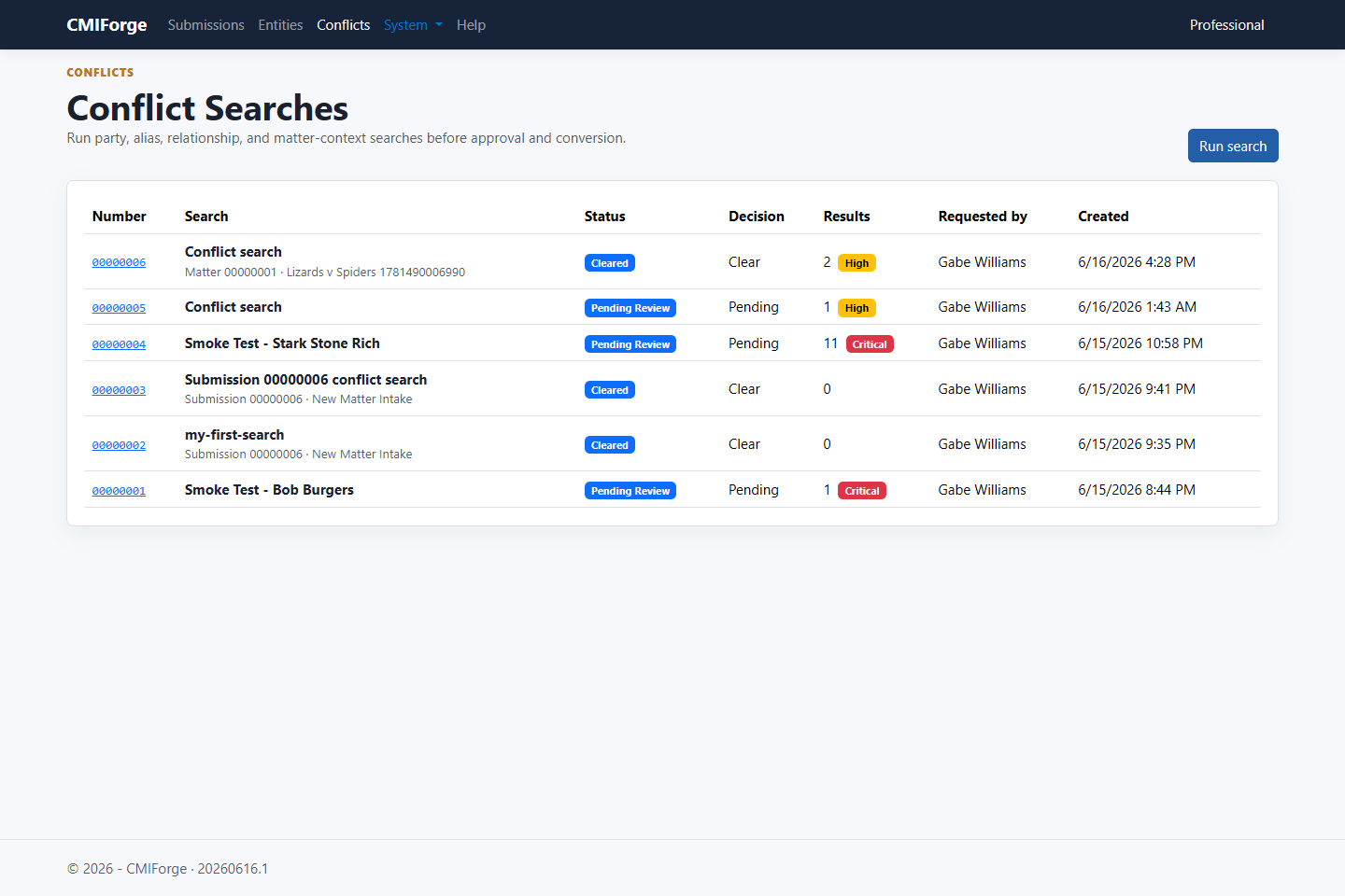 CMIForge conflict search queue showing statuses, decisions, and result counts.