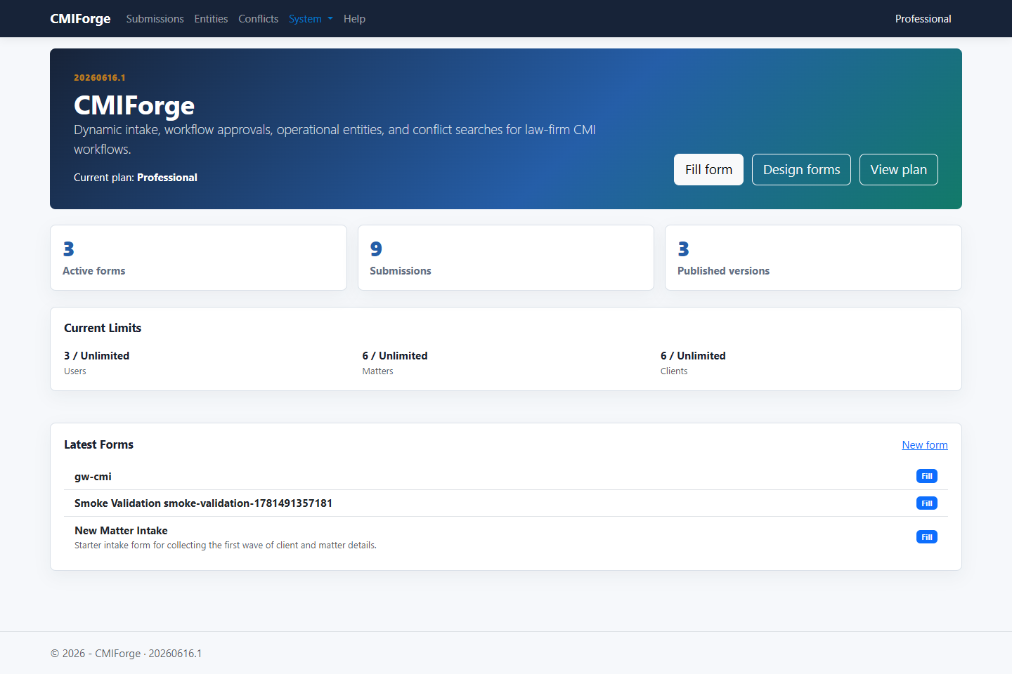 CMIForge dashboard showing forms, submissions, and matter limits.