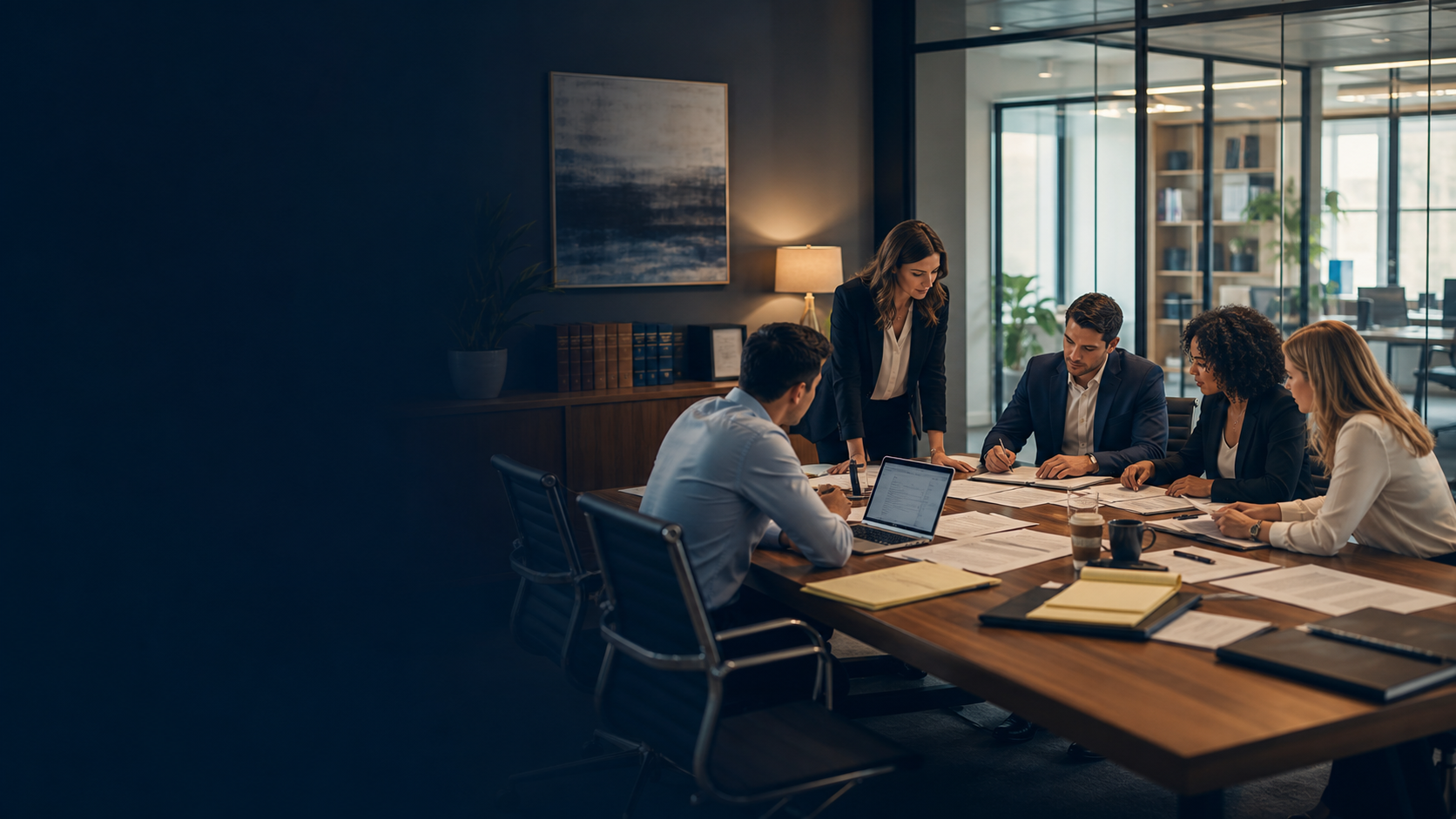 Fictional legal team reviewing intake paperwork in a modern law office.