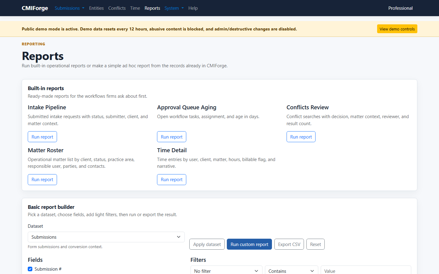 CMIForge reports page with built-in reports and report builder.