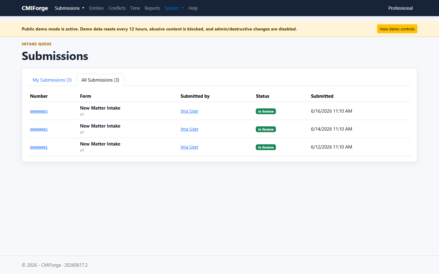 CMIForge submissions list with three new matter intake records.