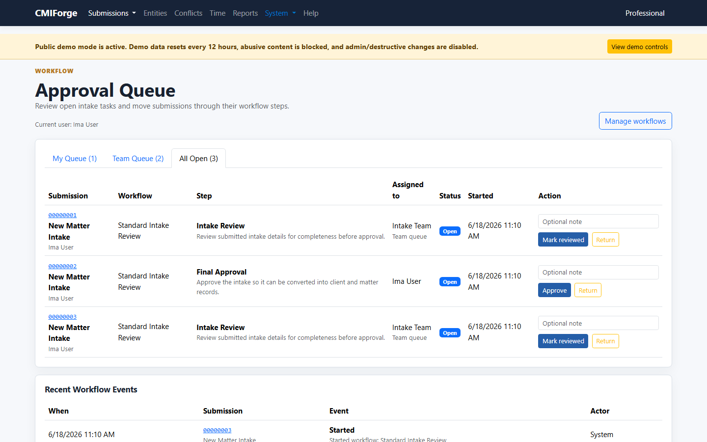 CMIForge approval queue with intake review and final approval tasks.